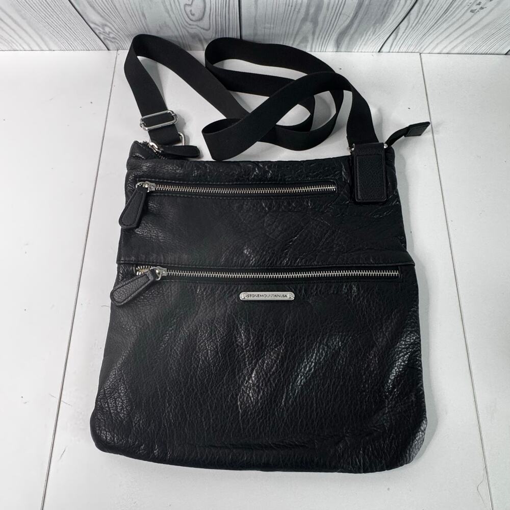 Stone Mountain Pebble Leather Black Crossbody Zipper Purse Canvas Strap